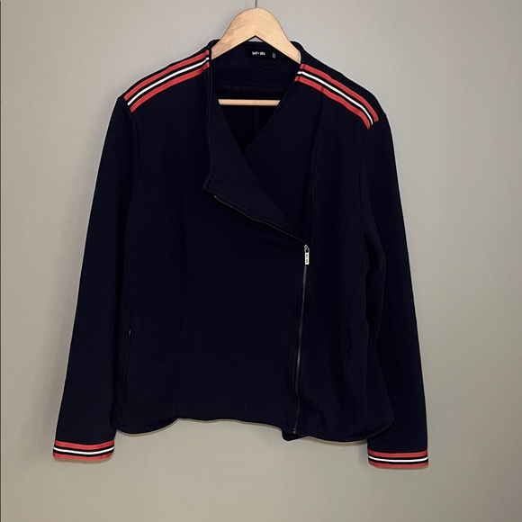 Saint + Sofia Organic Cotton Biker Jacket in Navy Red/Orange Stripe US 18 - Picture 6 of 14